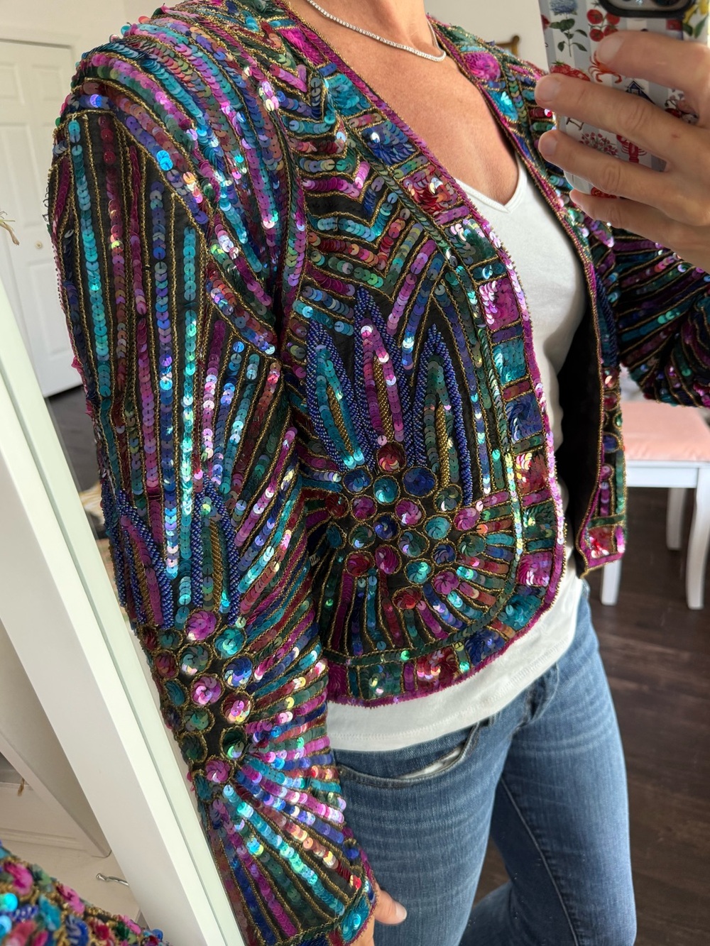 Vintage Joan Leslie Studio Silk Beaded Sequin Cropped Jacket Black Jewel Tone - Picture 3 of 13